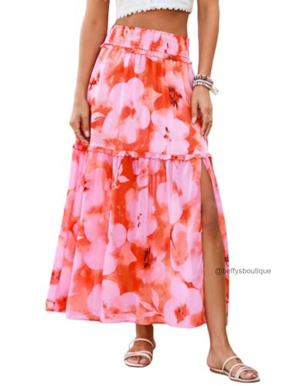 Boho Floral Maxi Skirt Smocked High Waisted Chiffon A Line Long Beach Skirt